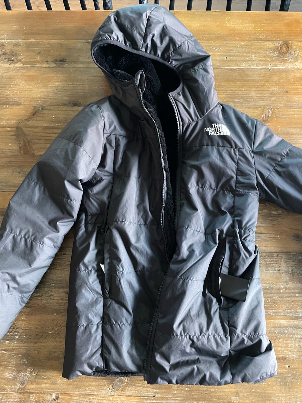 The North Face Girls Reversible Black Fleece Puffer Jacket w/ Hood